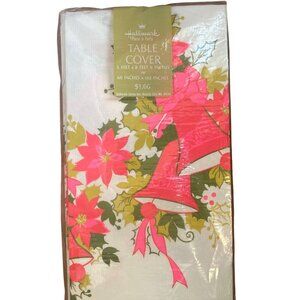 Vintage Hallmark Christmas Paper Table Cover 60x102 Pink Bells Poinsettias